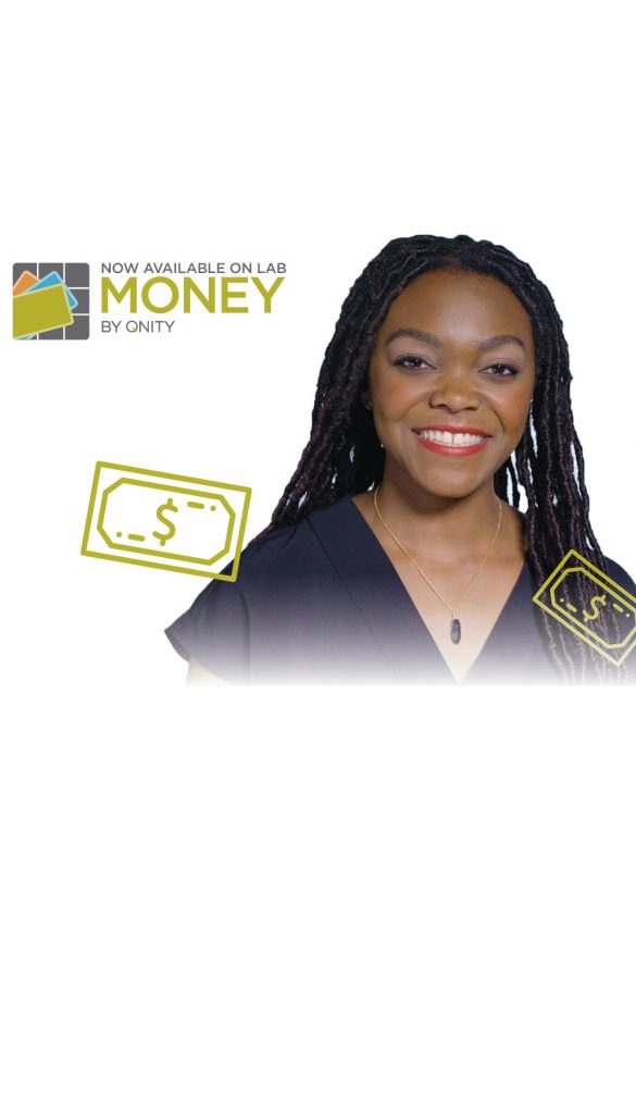 Smiling African American Woman with Money by Qnity logo